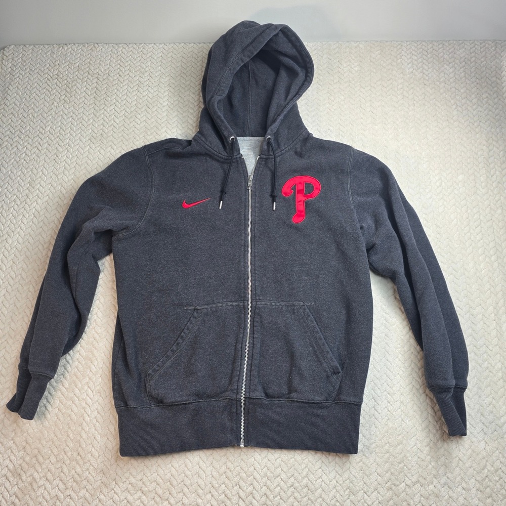 Nike Charcoal Gray Full‑Zip Hoodie with  Red 'P' Logo Warm and Cozy!